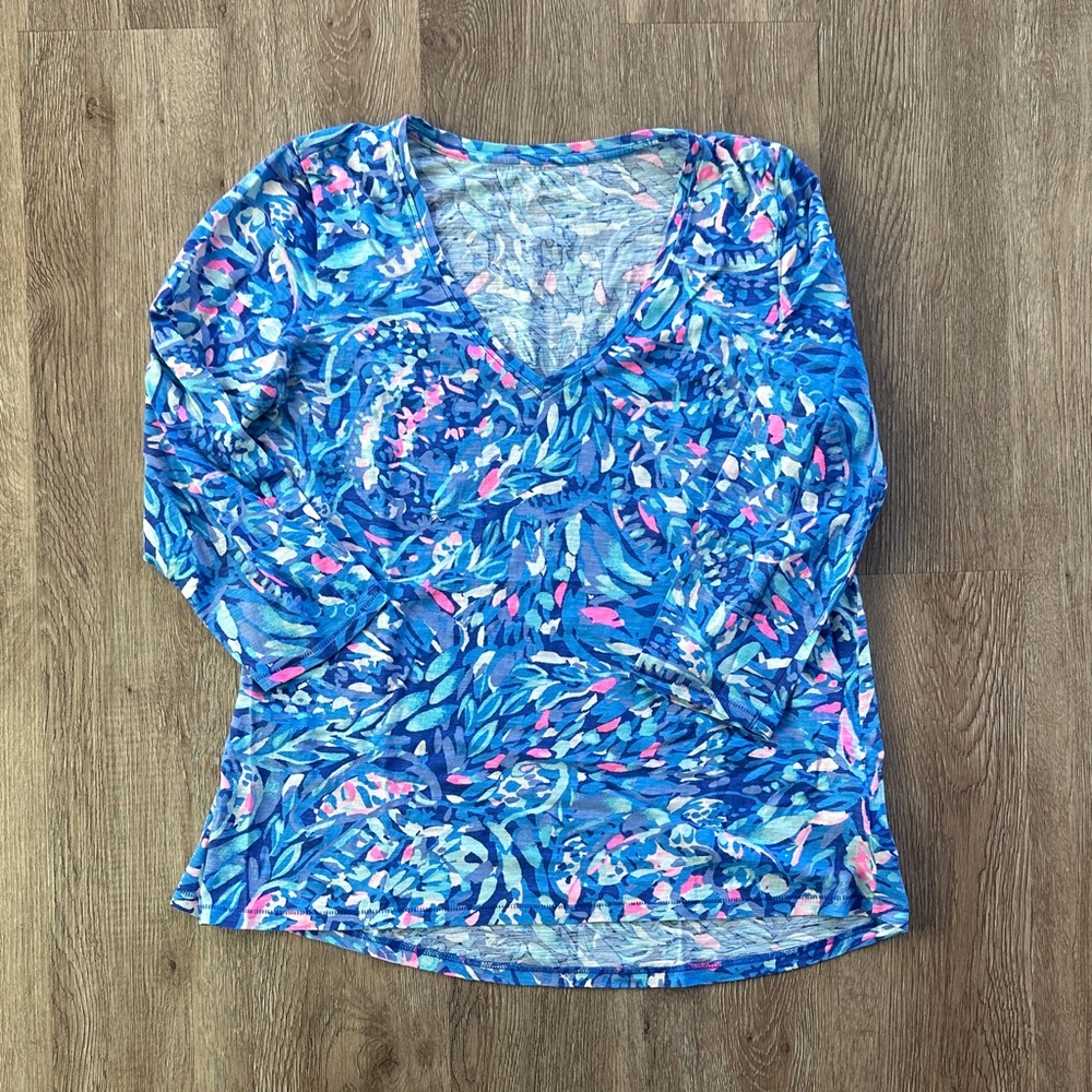 Lilly Pulitzer Etta 3/4 Sleeve V-Neck Top Royal Purple Party Wave Small Preppy